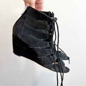 Sam Edelman Santina Wedge Sandals 6.5 Black Suede Caged Lace Up Zip Back Shoes